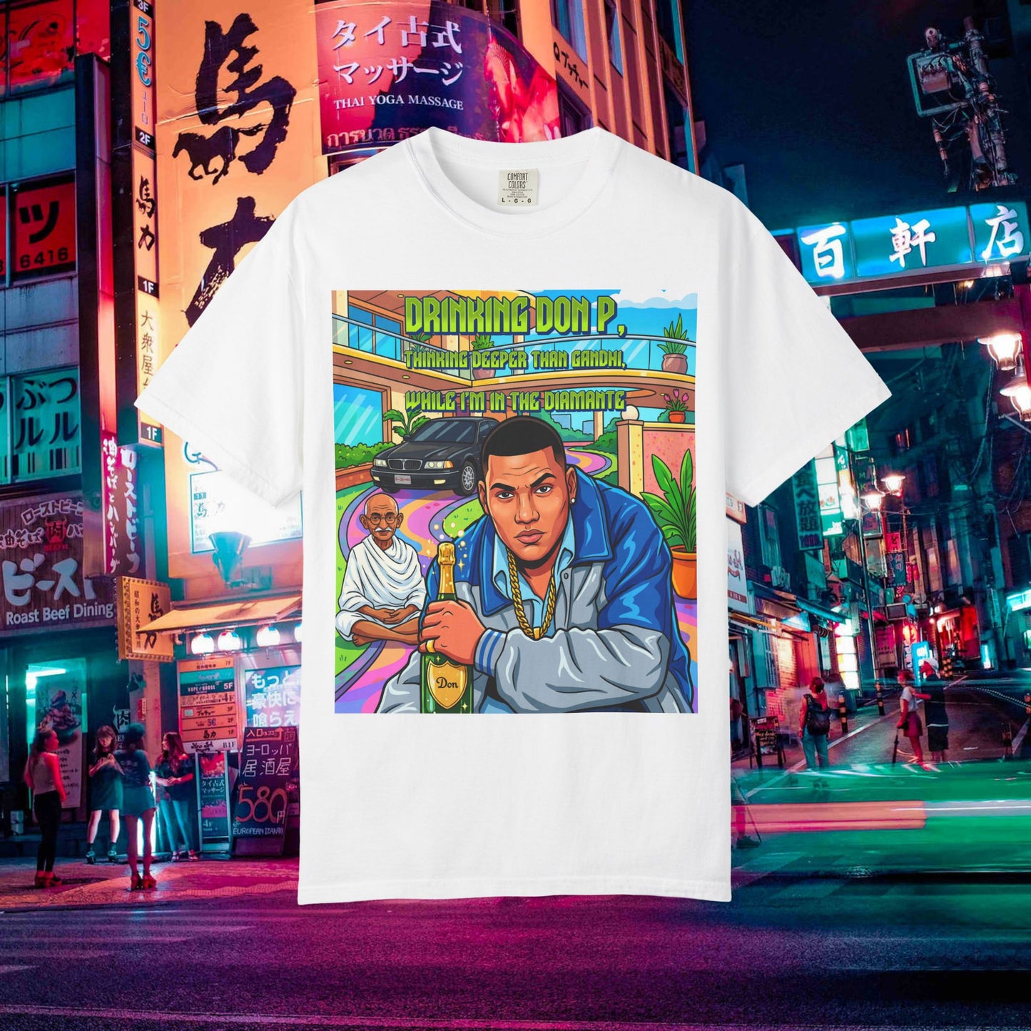 graphic t-shirt — "drinking don p" retro rap album art tee (qr back)