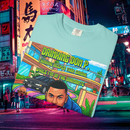 Graphic T-Shirt — "Drinking Don P" Retro Rap Album Art Tee (QR Back)