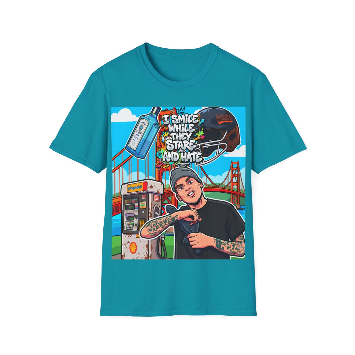 graphic tee — 'i smile while they stare and hate' tattooed rider