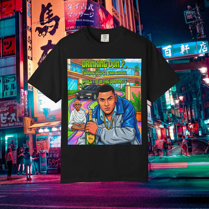 Graphic T-Shirt — "Drinking Don P" Retro Rap Album Art Tee (QR Back)