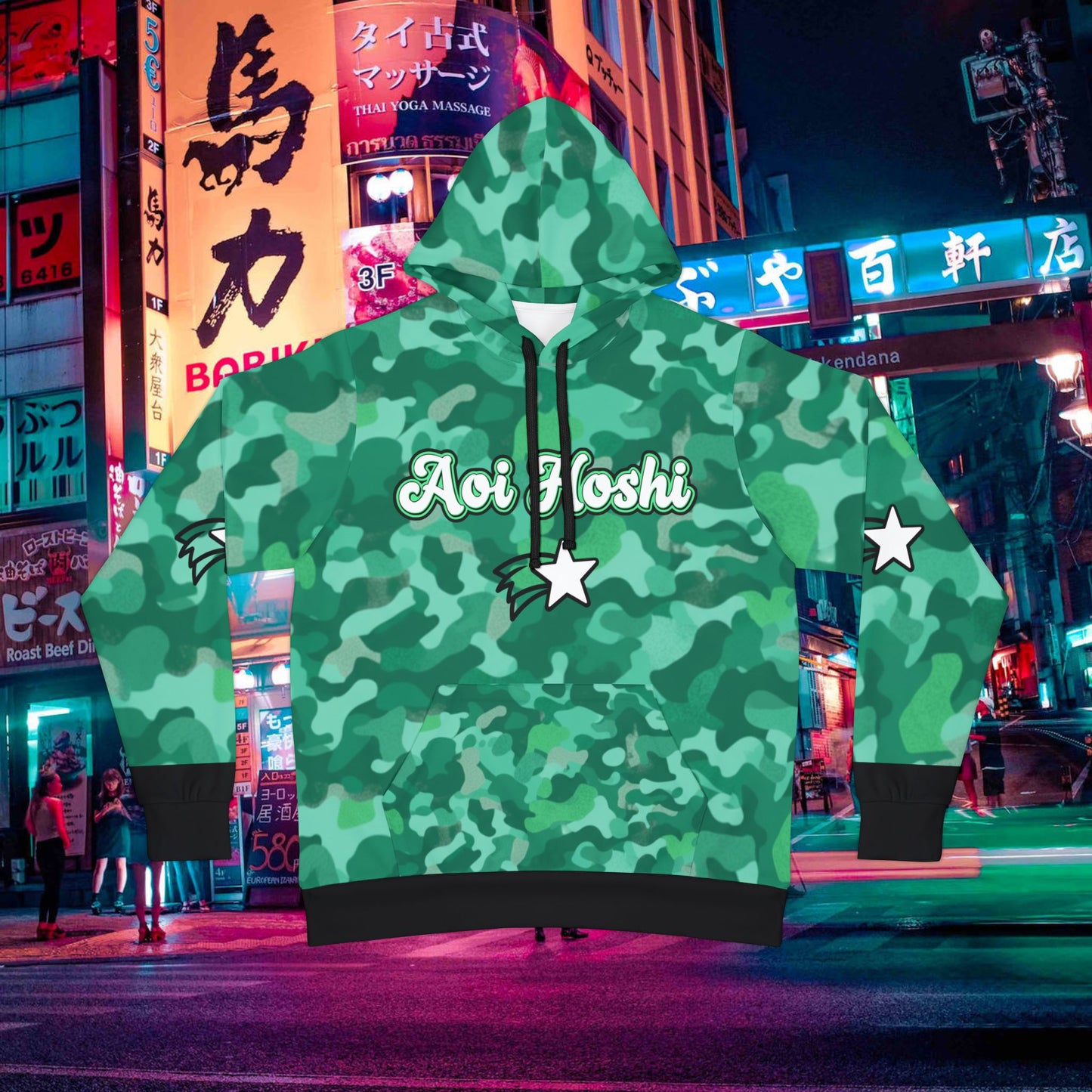teal green camo "aoi hoshi" oni hoodie