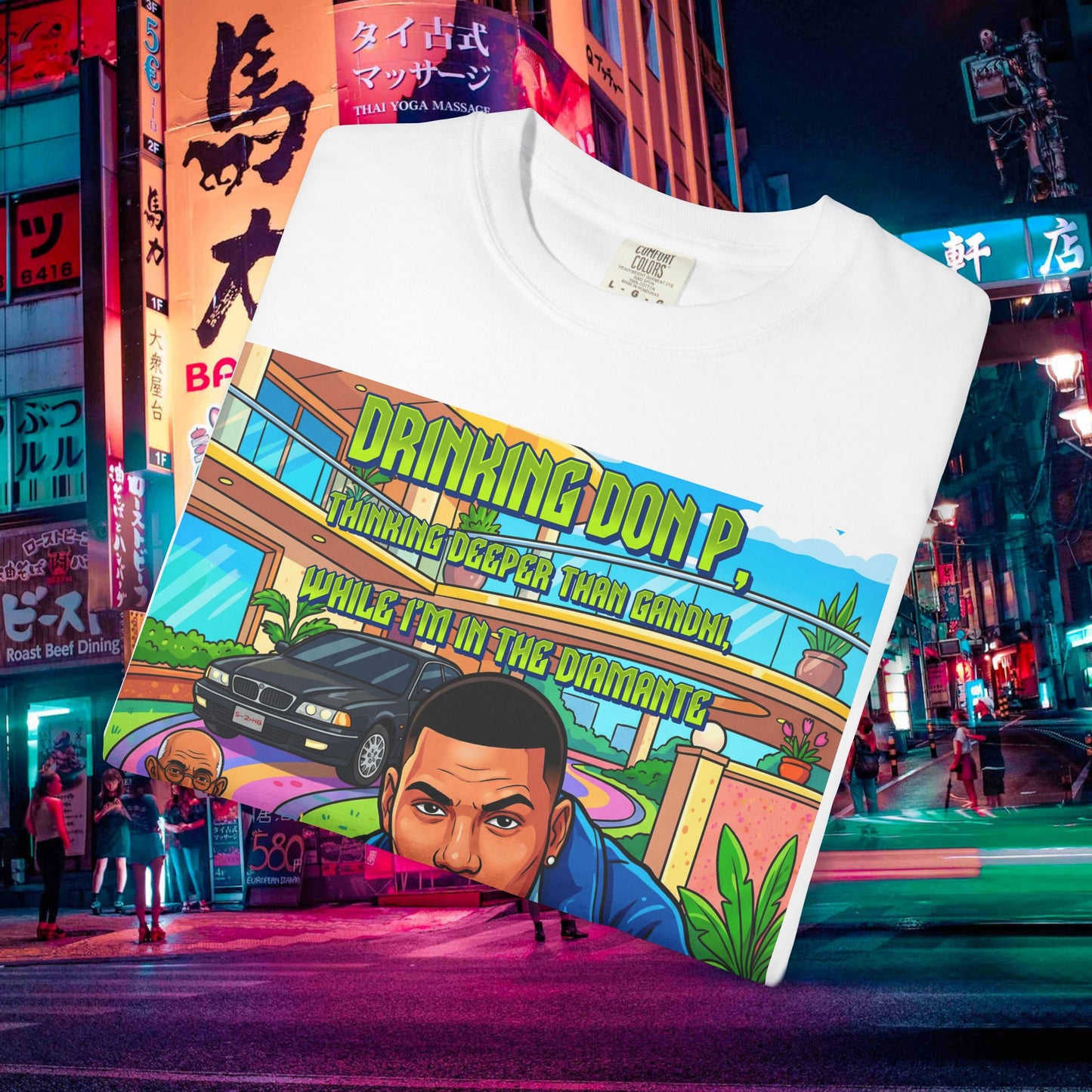 graphic t-shirt — "drinking don p" retro rap album art tee (qr back)