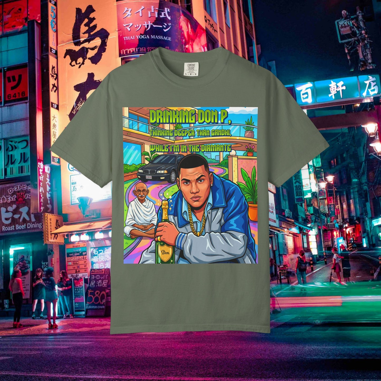 graphic t-shirt — "drinking don p" retro rap album art tee (qr back)