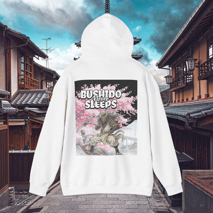 Samurai Graphic Hoodie Bushido Never Sleeps | Chill Society Samurai Hoodie | Unisex Japanese Streetwear Pullover | Bushido Graphic Hoodie | White Samurai Sweatshirt