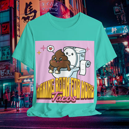Making Room For More Tacos T‑Shirt — Cute Toilet & Taco Cartoon Tee