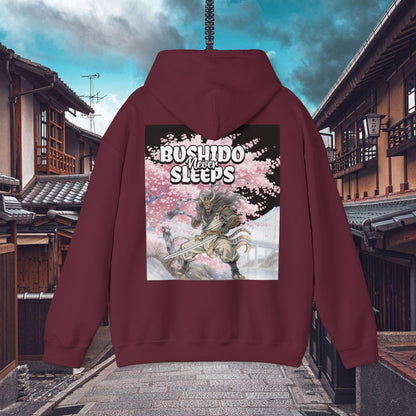 Samurai Graphic Hoodie Bushido Never Sleeps | Chill Society Samurai Hoodie | Unisex Japanese Streetwear Pullover | Bushido Graphic Hoodie | White Samurai Sweatshirt