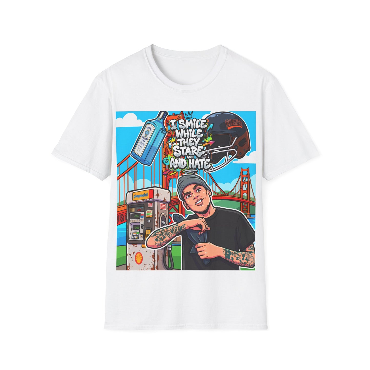 graphic tee — 'i smile while they stare and hate' tattooed rider