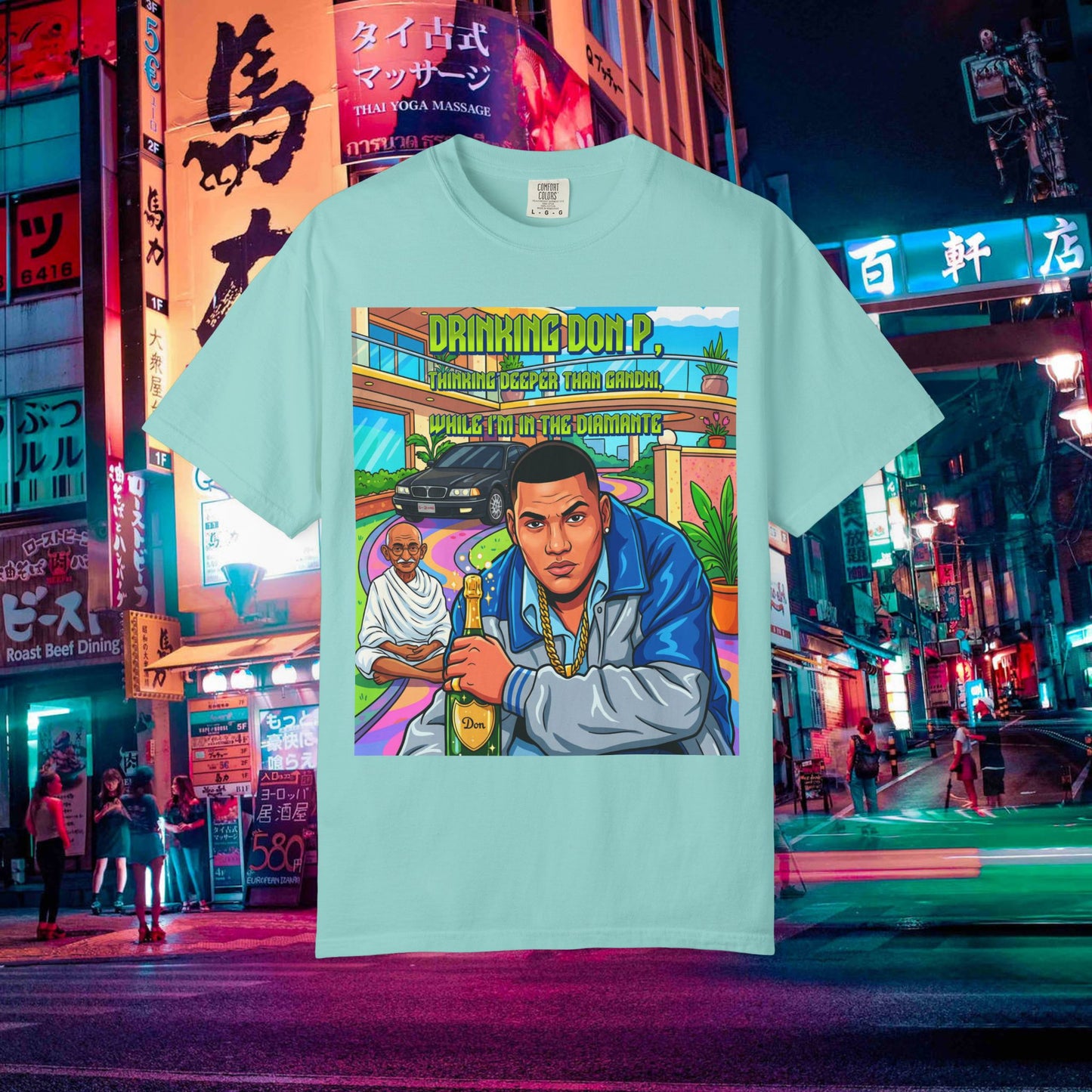 graphic t-shirt — "drinking don p" retro rap album art tee (qr back)