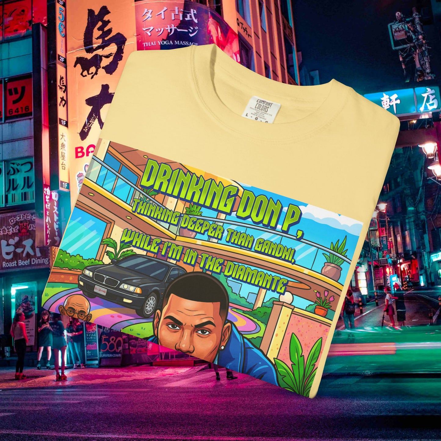 graphic t-shirt — "drinking don p" retro rap album art tee (qr back)