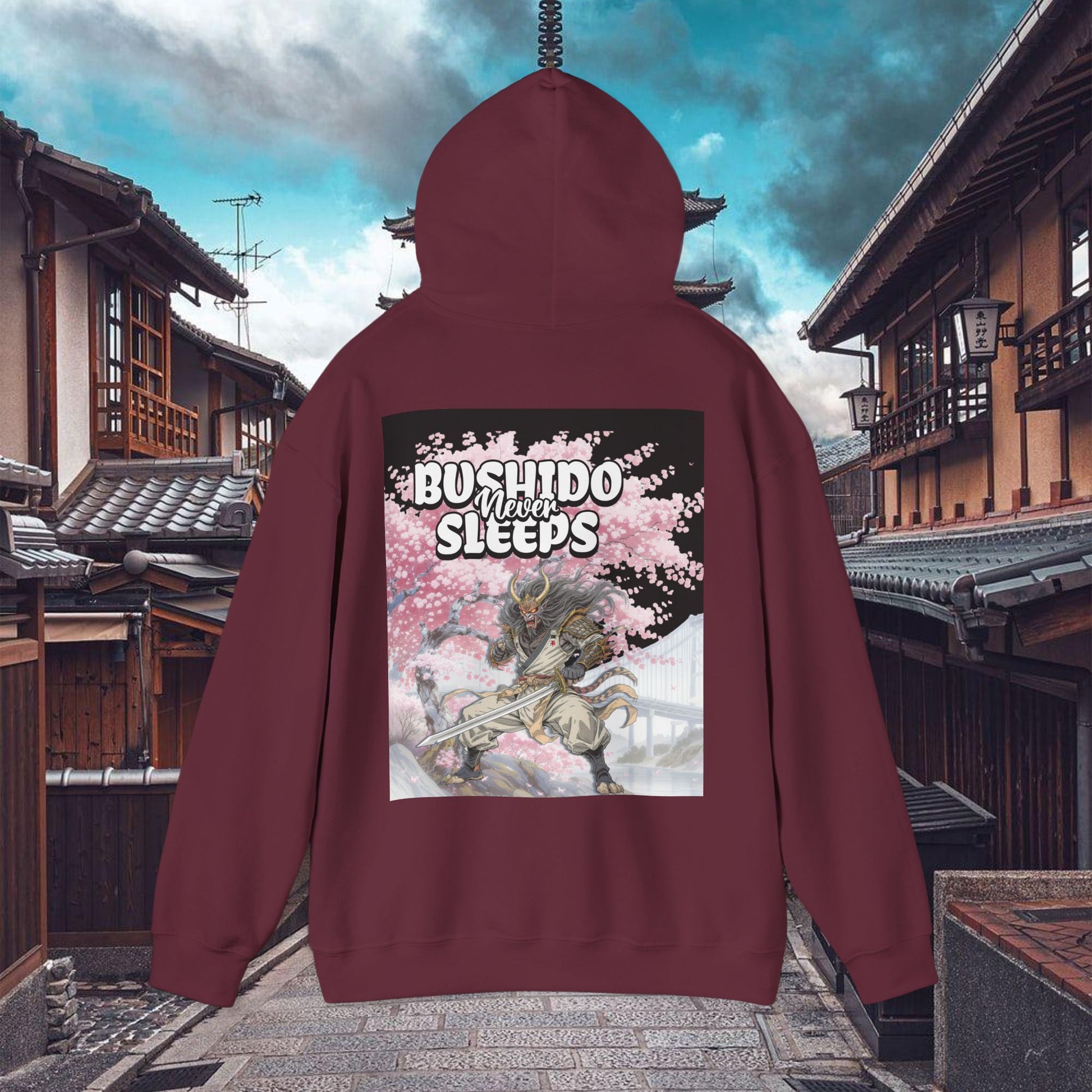 Samurai Graphic Hoodie Bushido Never Sleeps | Chill Society Samurai Hoodie | Unisex Japanese Streetwear Pullover | Bushido Graphic Hoodie | White Samurai Sweatshirt