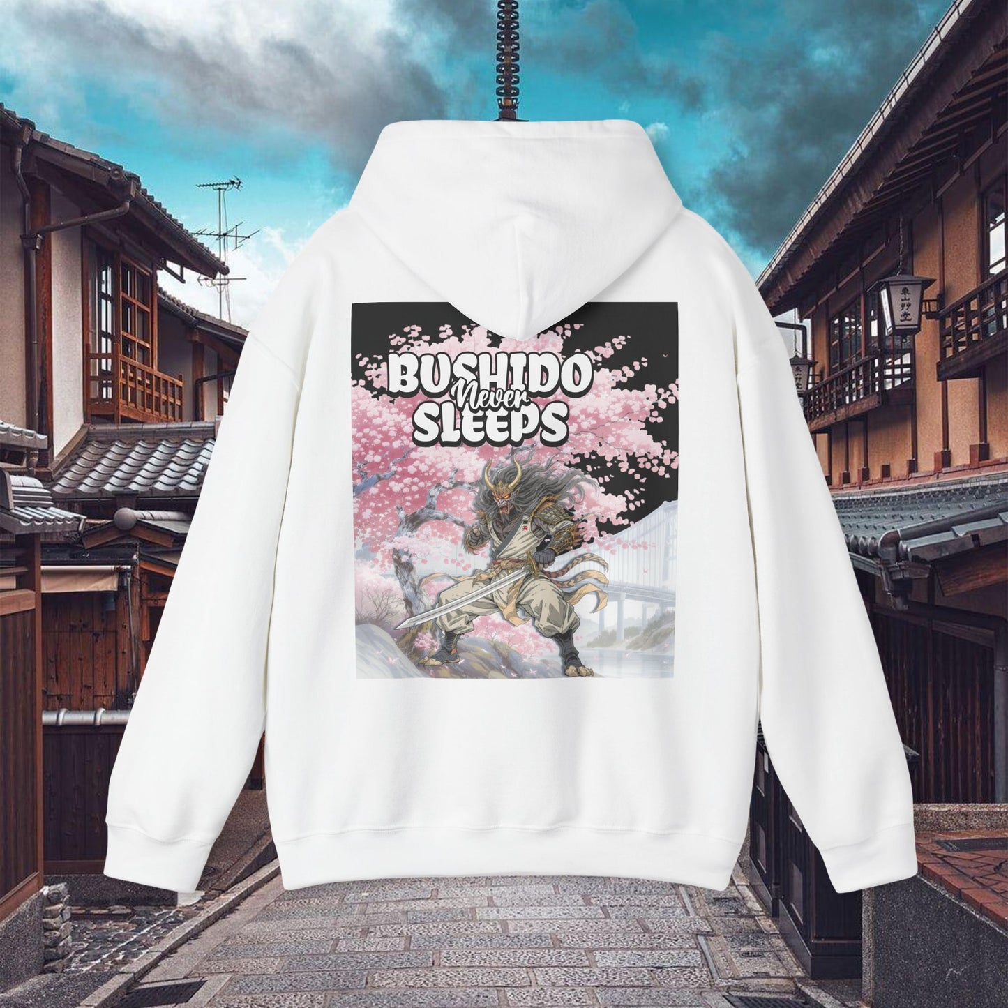 samurai graphic hoodie bushido never sleeps | chill society samurai hoodie | unisex japanese streetwear pullover | bushido graphic hoodie | white samurai sweatshirt