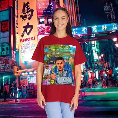 Graphic T-Shirt — "Drinking Don P" Retro Rap Album Art Tee (QR Back)