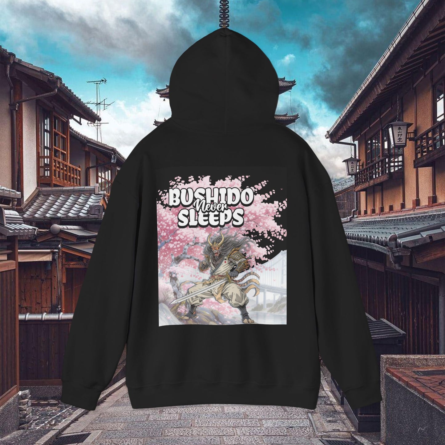 samurai graphic hoodie bushido never sleeps | chill society samurai hoodie | unisex japanese streetwear pullover | bushido graphic hoodie | white samurai sweatshirt