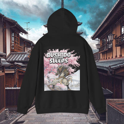 Samurai Graphic Hoodie Bushido Never Sleeps | Chill Society Samurai Hoodie | Unisex Japanese Streetwear Pullover | Bushido Graphic Hoodie | White Samurai Sweatshirt