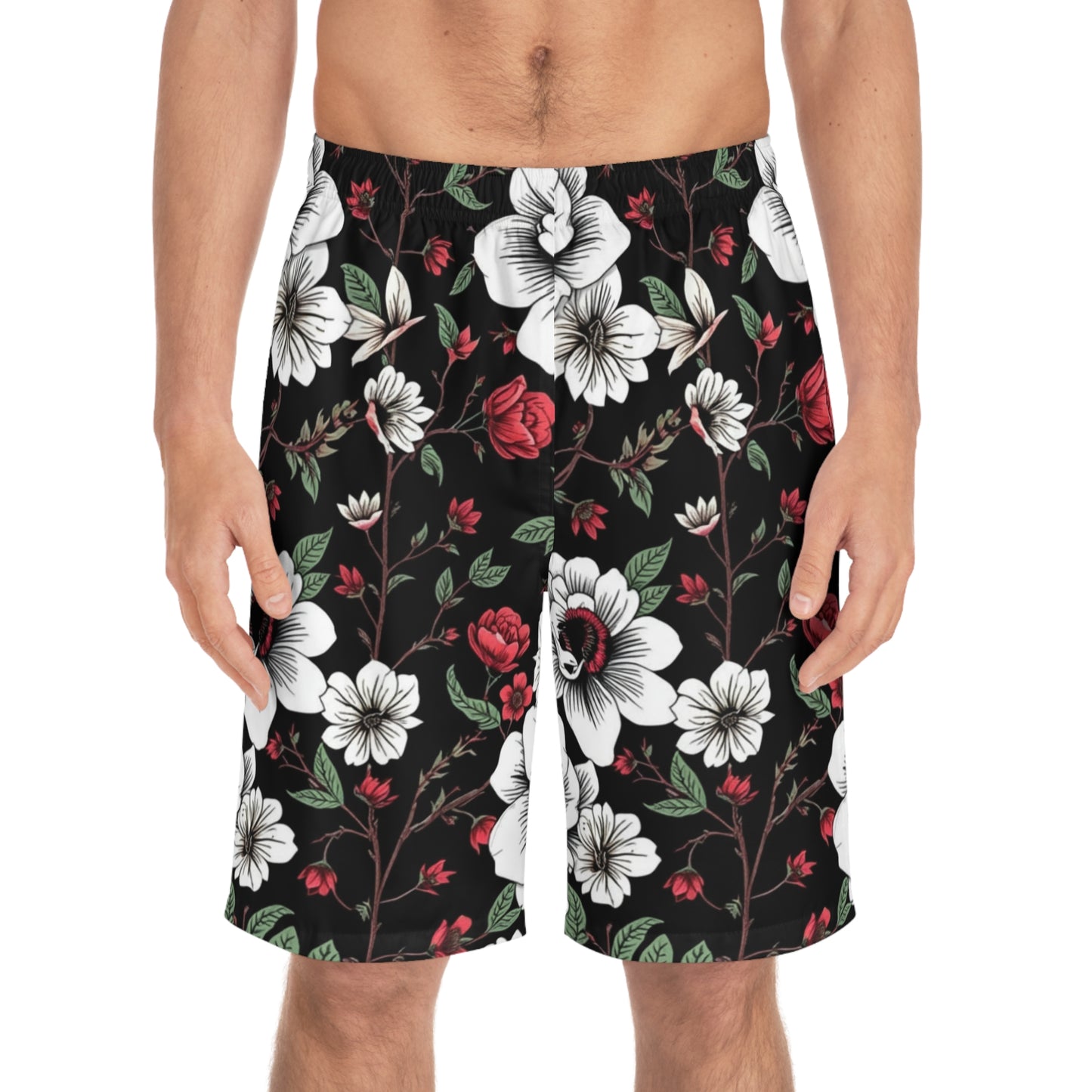 floral black & red men's board shorts