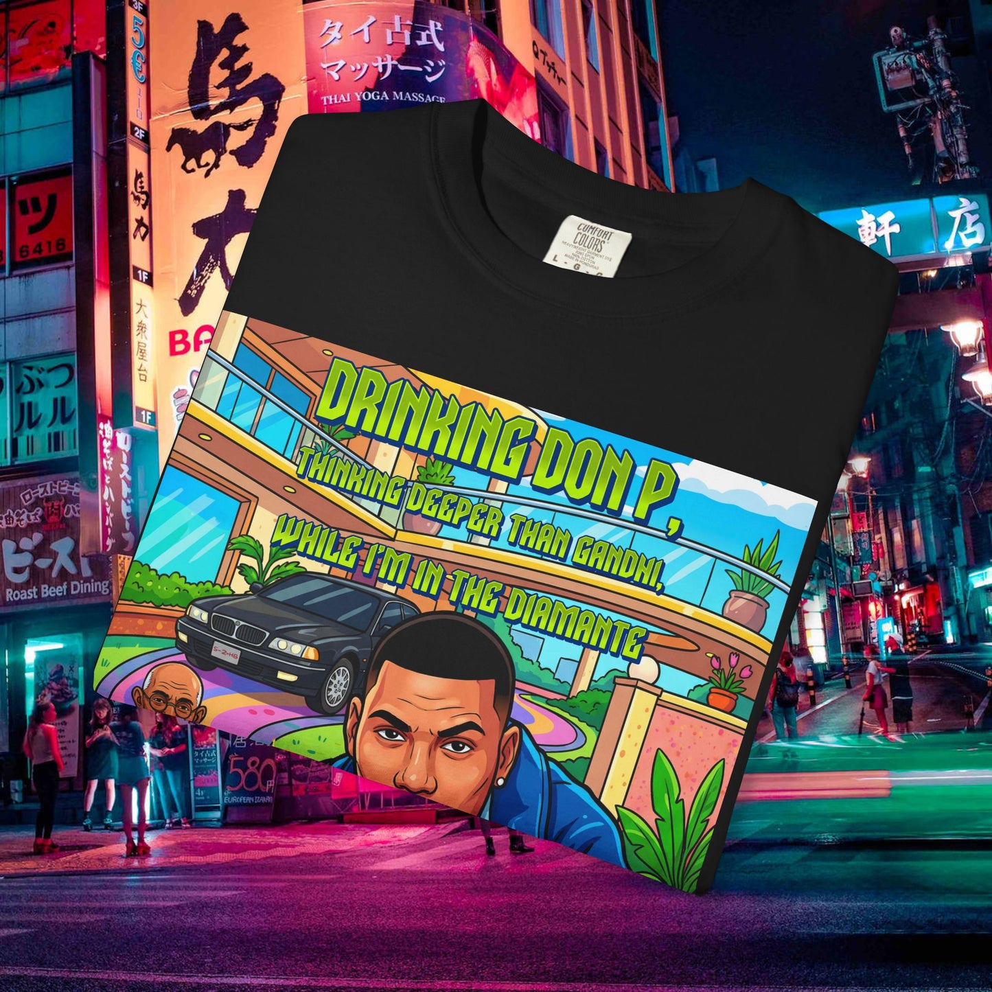 graphic t-shirt — "drinking don p" retro rap album art tee (qr back)