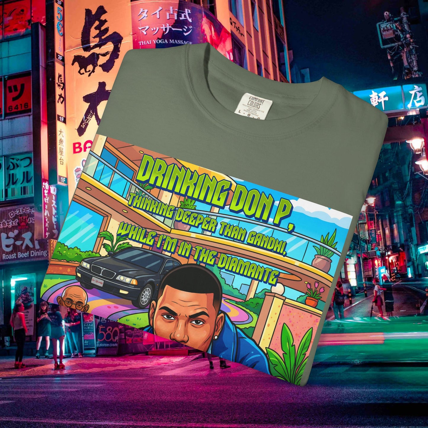 graphic t-shirt — "drinking don p" retro rap album art tee (qr back)