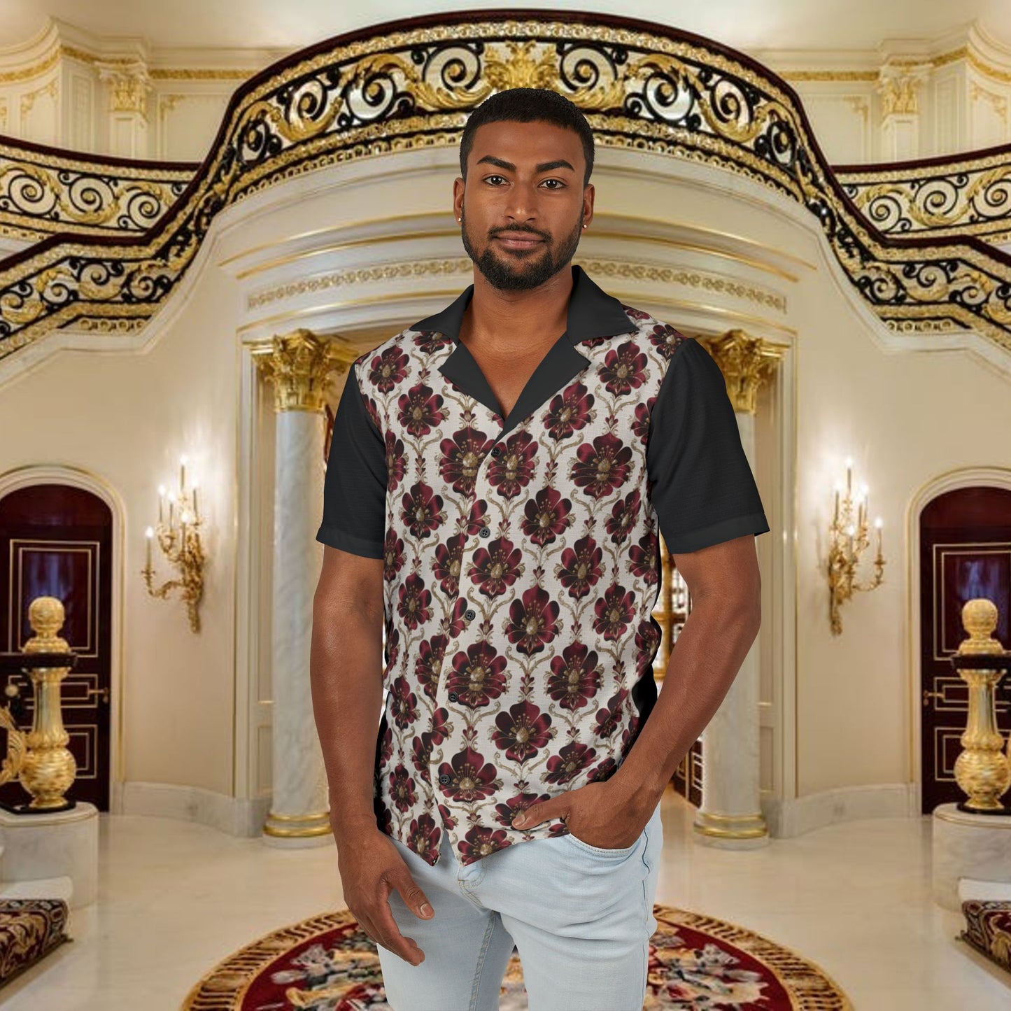 "burgundy medallion" hawaiian camp shirt