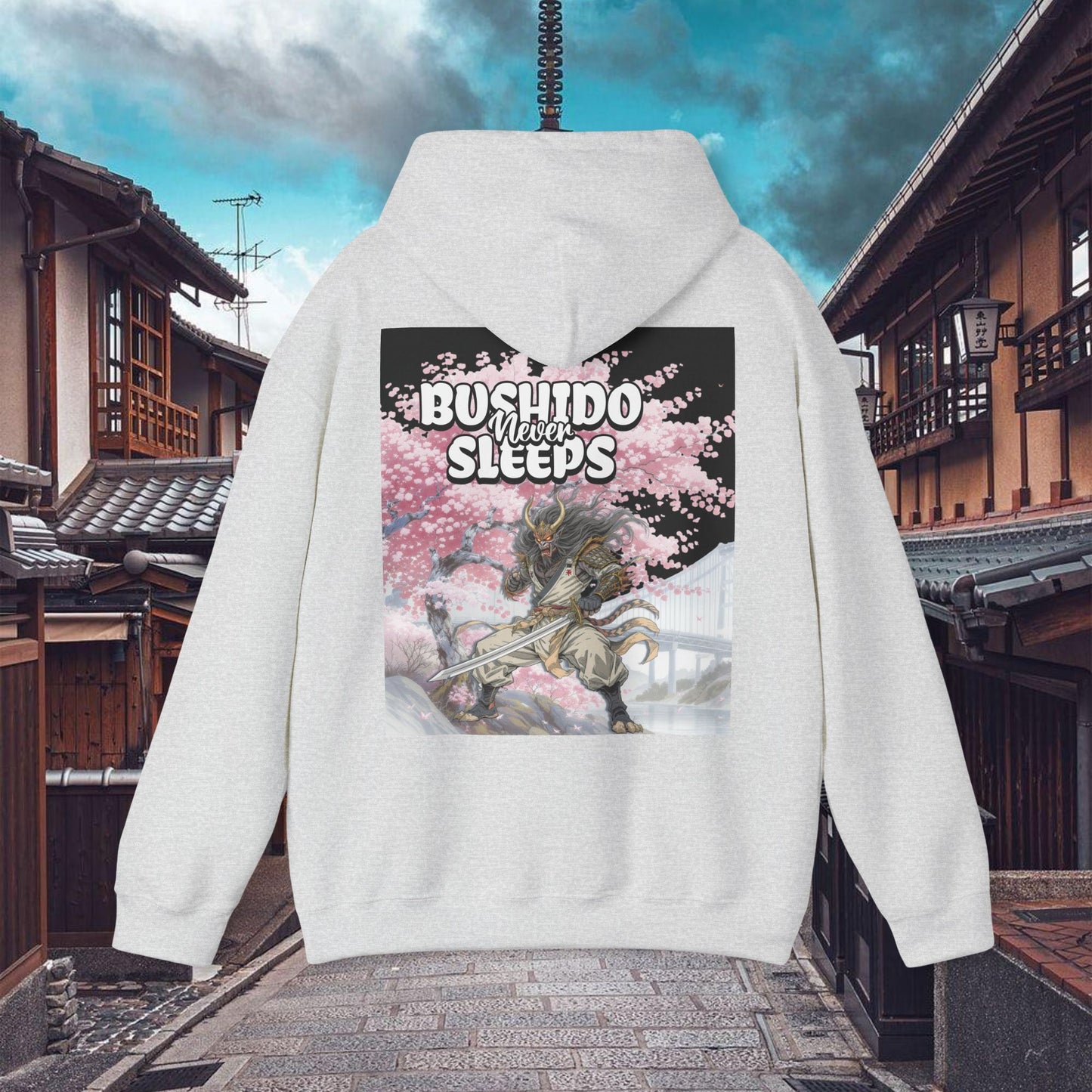samurai graphic hoodie bushido never sleeps | chill society samurai hoodie | unisex japanese streetwear pullover | bushido graphic hoodie | white samurai sweatshirt