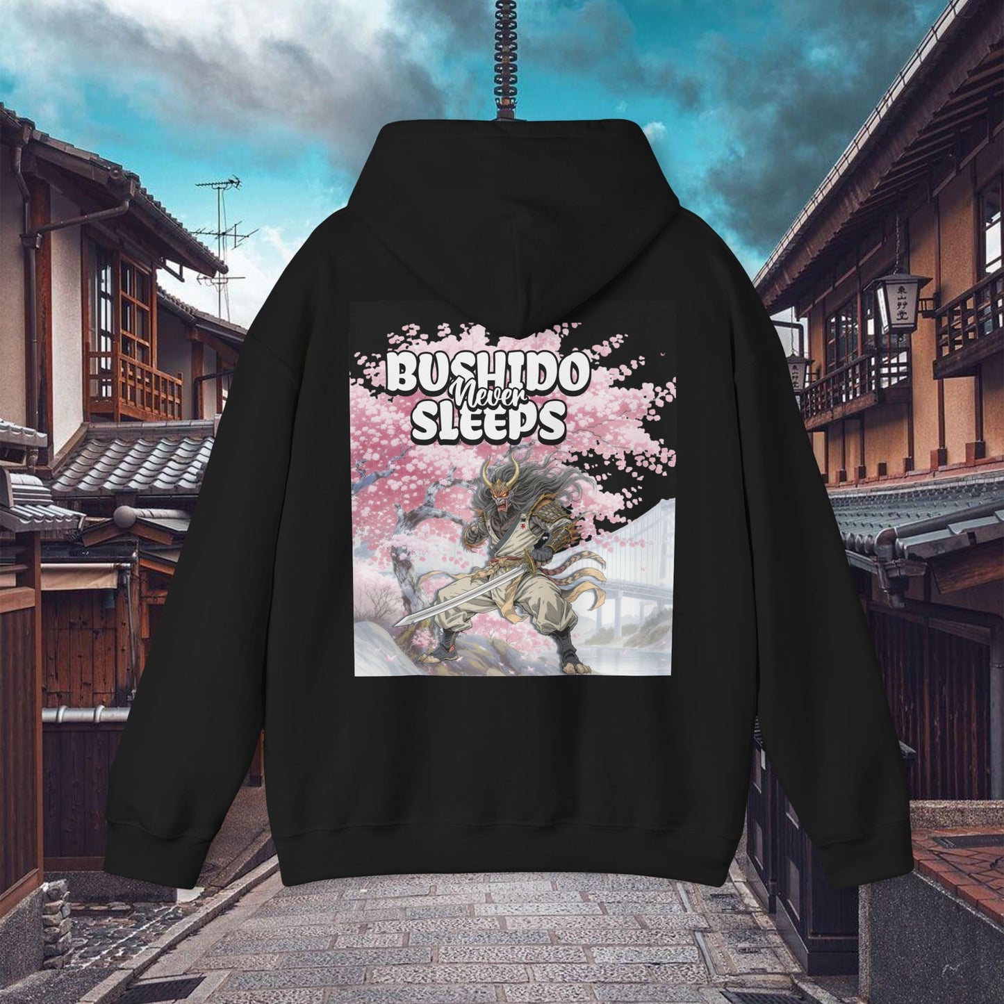 samurai graphic hoodie bushido never sleeps | chill society samurai hoodie | unisex japanese streetwear pullover | bushido graphic hoodie | white samurai sweatshirt