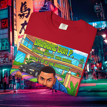 Graphic T-Shirt — "Drinking Don P" Retro Rap Album Art Tee (QR Back)
