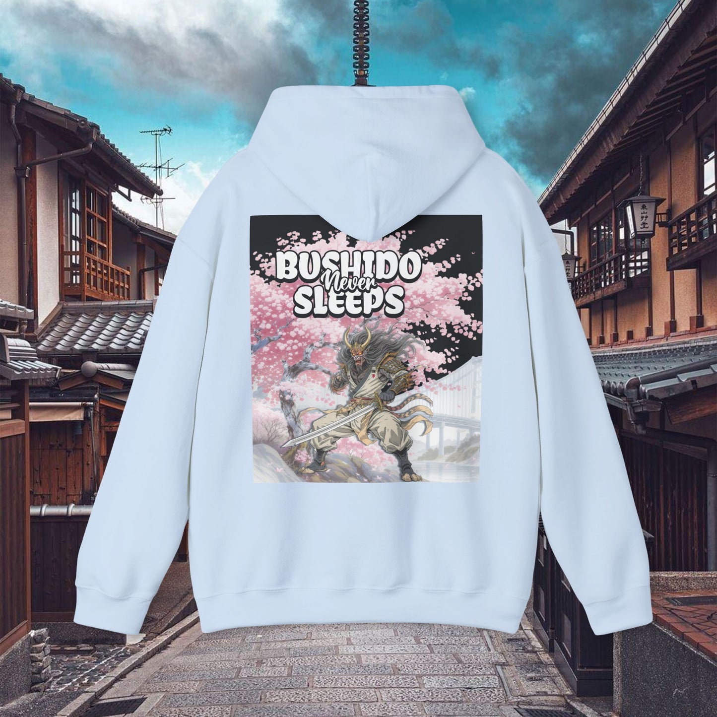 samurai graphic hoodie bushido never sleeps | chill society samurai hoodie | unisex japanese streetwear pullover | bushido graphic hoodie | white samurai sweatshirt