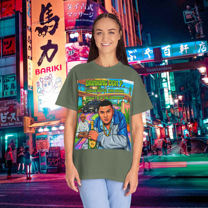 Graphic T-Shirt — "Drinking Don P" Retro Rap Album Art Tee (QR Back)