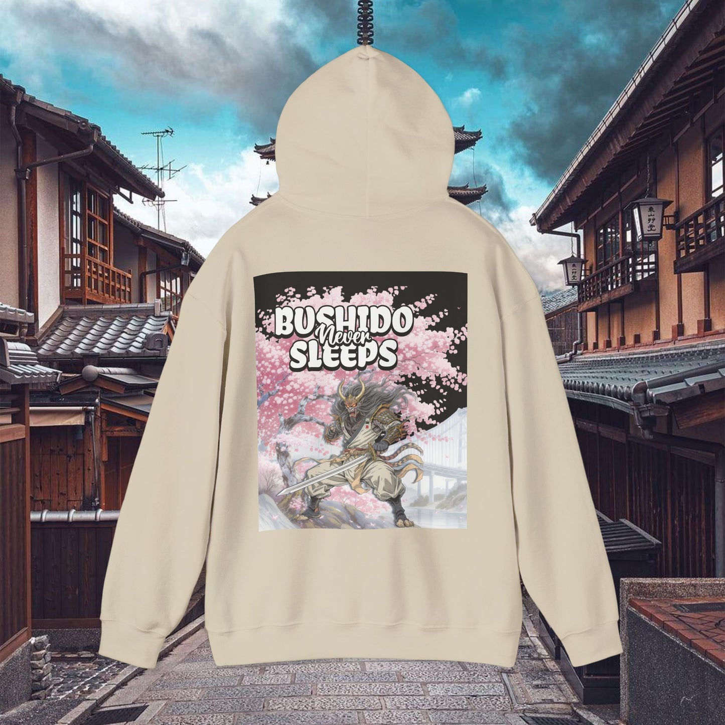 samurai graphic hoodie bushido never sleeps | chill society samurai hoodie | unisex japanese streetwear pullover | bushido graphic hoodie | white samurai sweatshirt