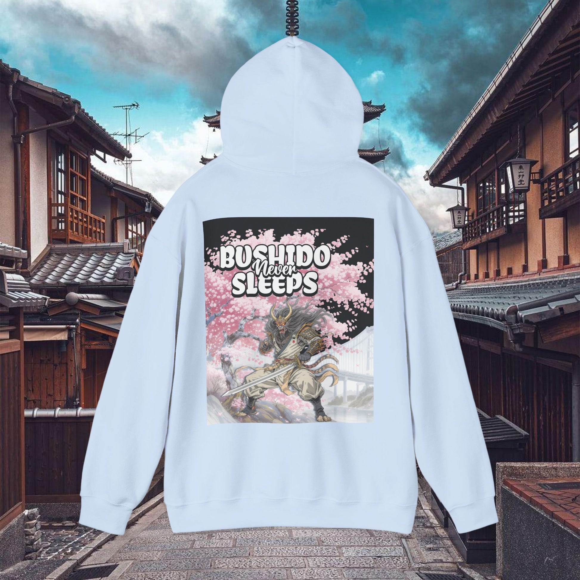 Samurai Graphic Hoodie Bushido Never Sleeps | Chill Society Samurai Hoodie | Unisex Japanese Streetwear Pullover | Bushido Graphic Hoodie | White Samurai Sweatshirt