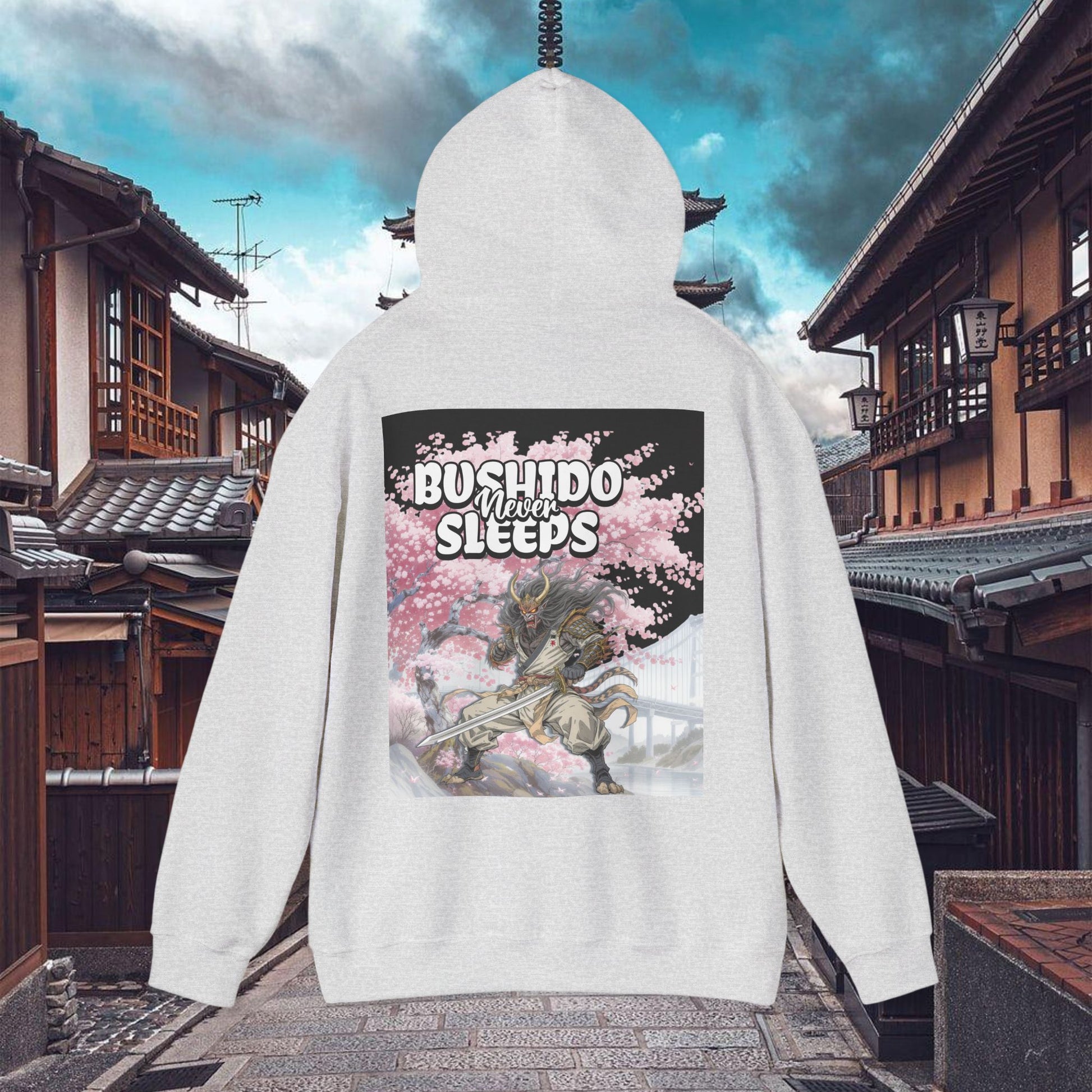 Samurai Graphic Hoodie Bushido Never Sleeps | Chill Society Samurai Hoodie | Unisex Japanese Streetwear Pullover | Bushido Graphic Hoodie | White Samurai Sweatshirt