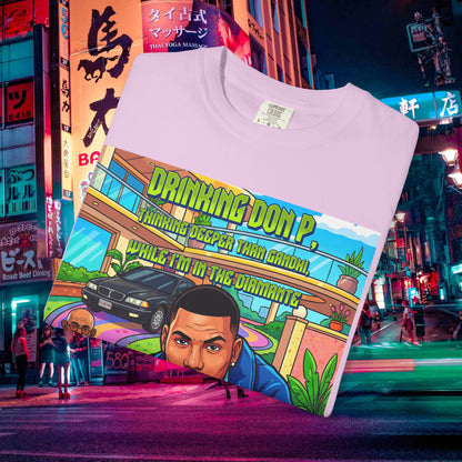 Graphic T-Shirt — "Drinking Don P" Retro Rap Album Art Tee (QR Back)