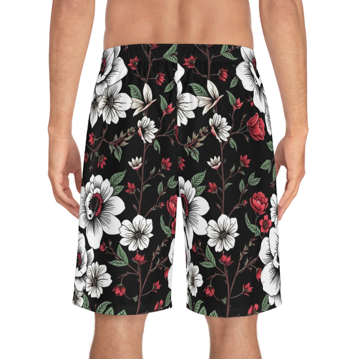 floral black & red men's board shorts