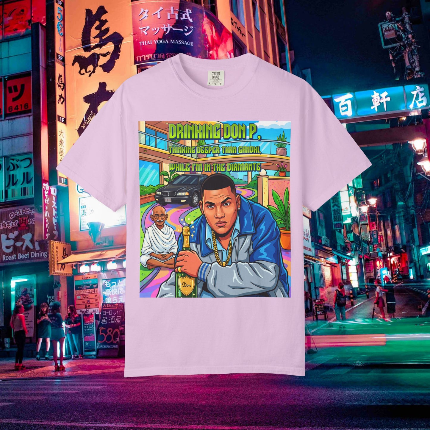 graphic t-shirt — "drinking don p" retro rap album art tee (qr back)