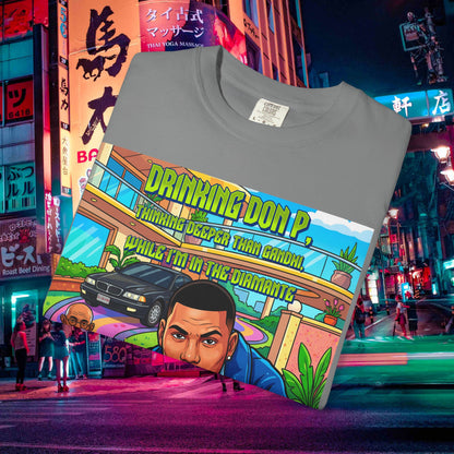 Graphic T-Shirt — "Drinking Don P" Retro Rap Album Art Tee (QR Back)