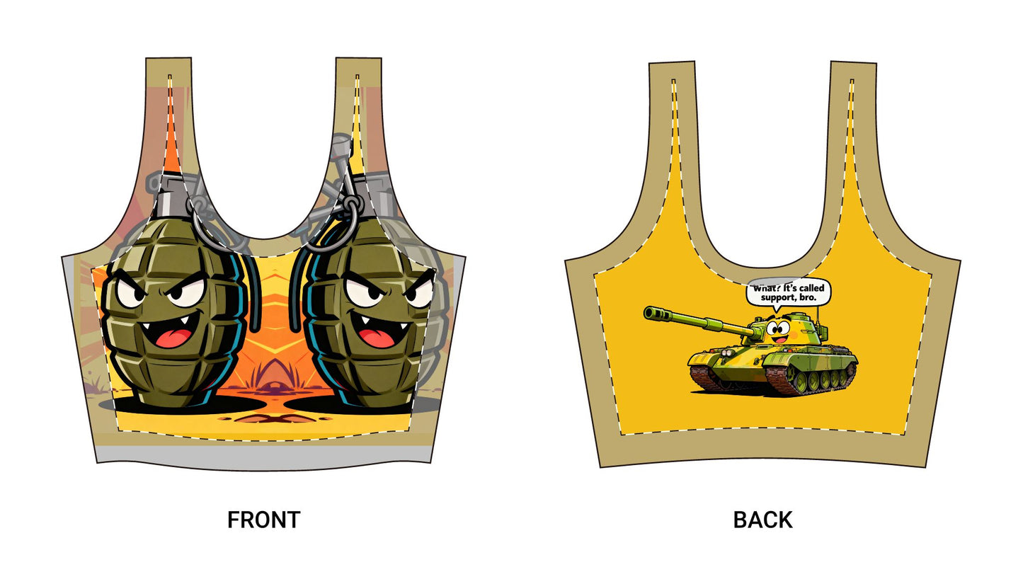 cartoon combat sports bra | chill society activewear bra | fun graphic sports bra | unisex workout top | functional cartoon sportswear