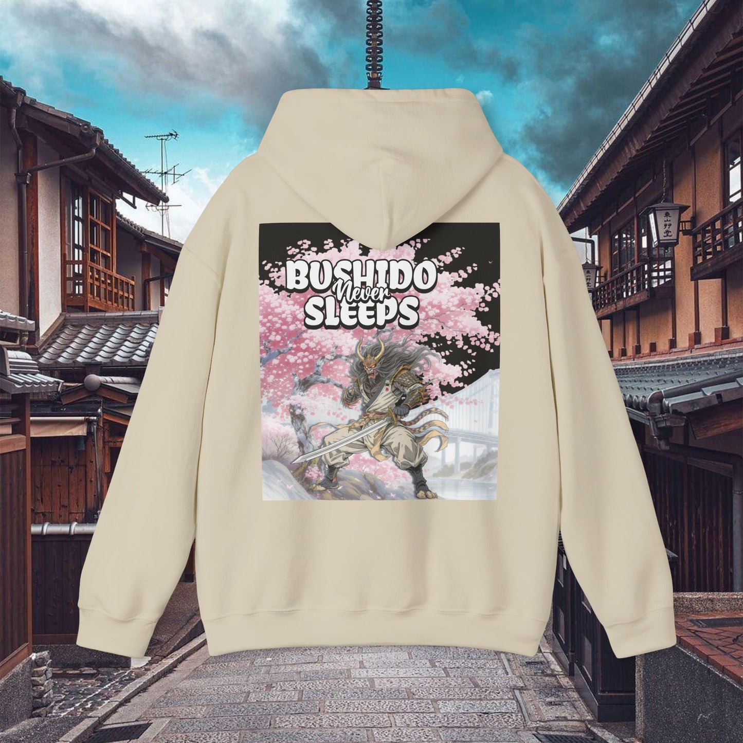 samurai graphic hoodie bushido never sleeps | chill society samurai hoodie | unisex japanese streetwear pullover | bushido graphic hoodie | white samurai sweatshirt