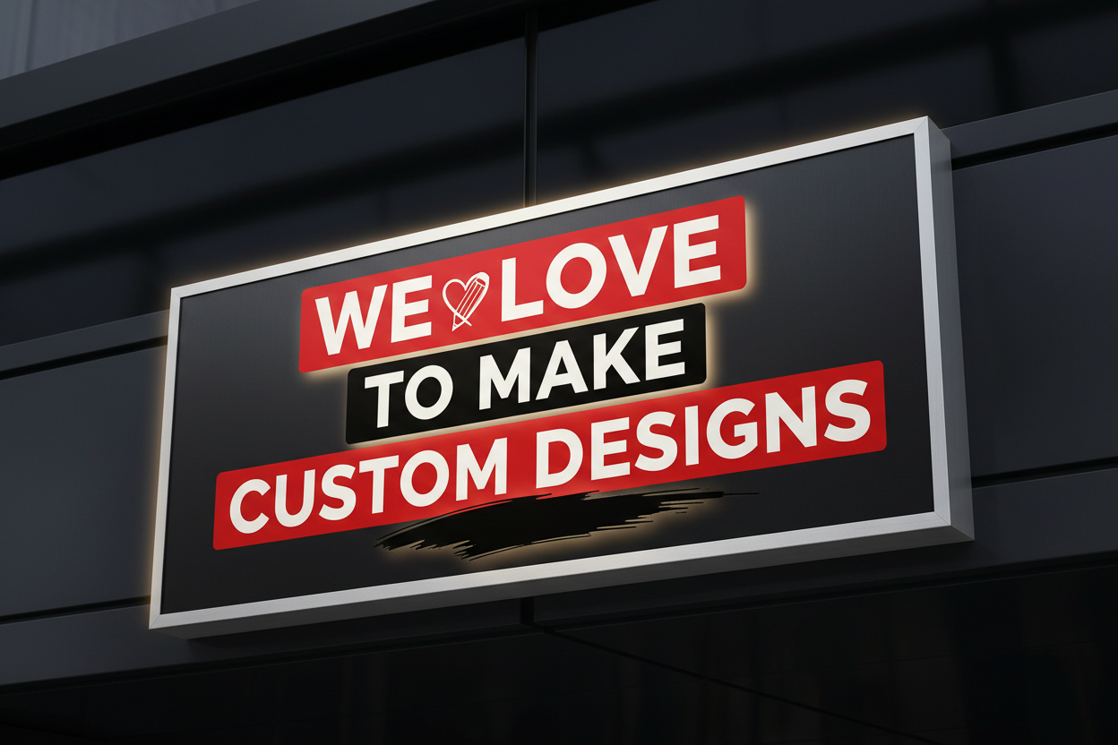Create a sign that lets customers know we love to make custom designs use red, white and black to match the theme of the site 